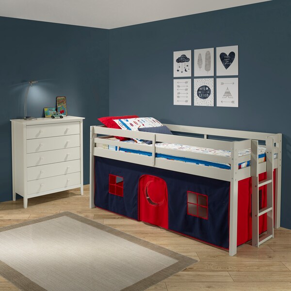 Jasper Twin Junior Loft Bed, Dove Gray Frame And Blue/Red Playhouse Tent